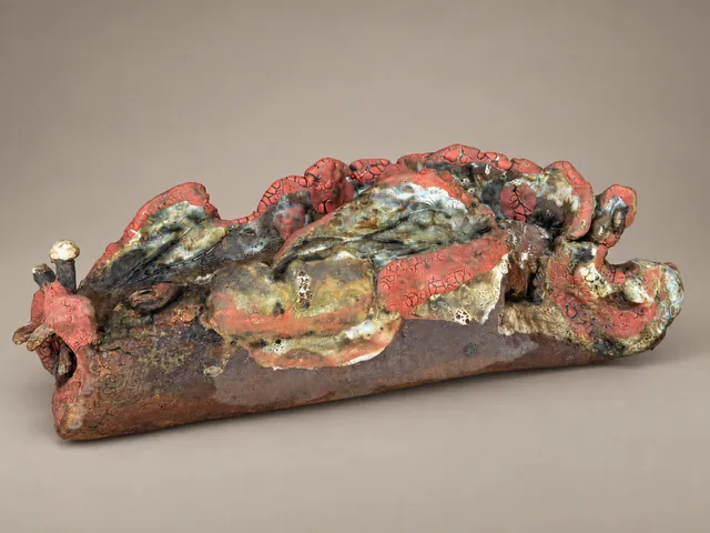 Low horizontal sculpture in red, green and rust glazes
