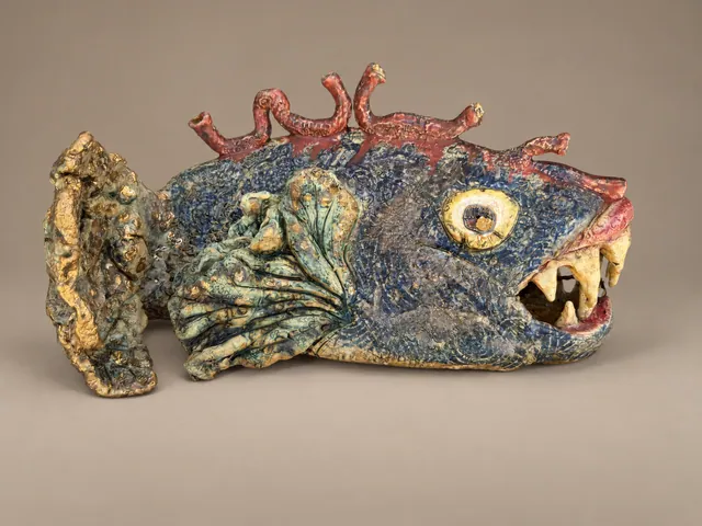 Fish sculpture with red fins and open jaws