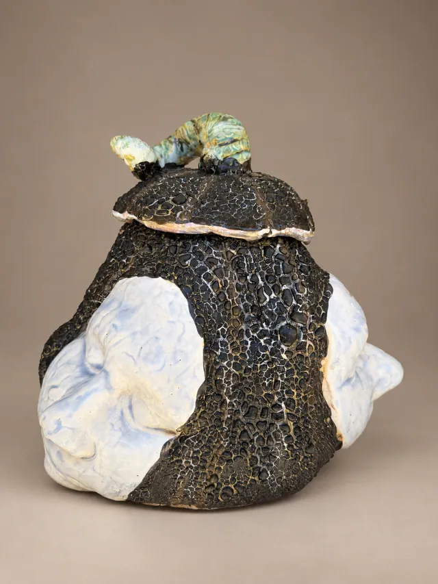 Black textured lidded vessel with white faces and a lizard on the lid