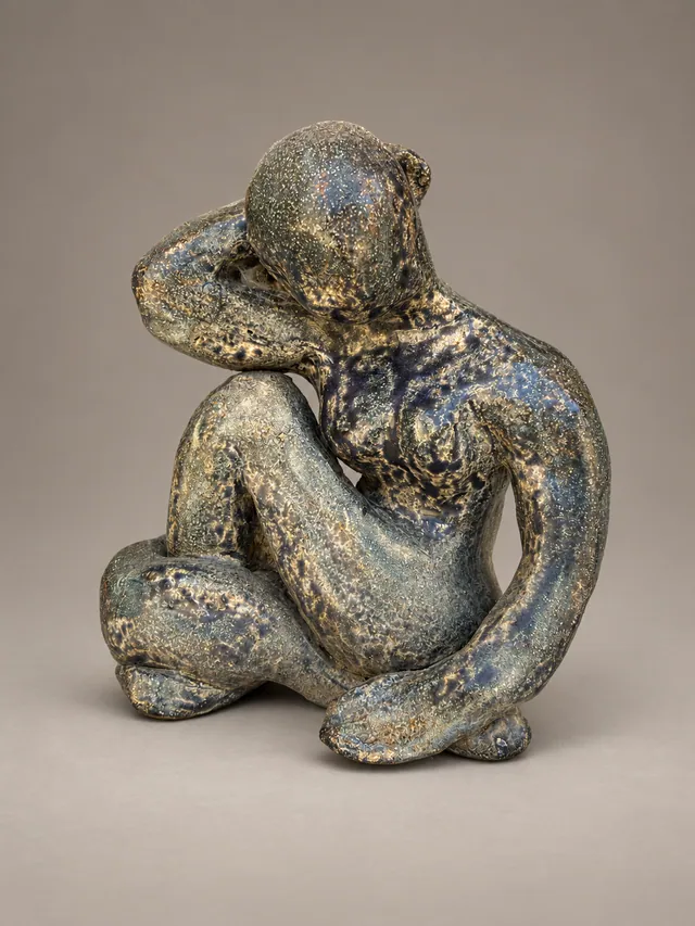 Seated figure with one hand behind the head, dark blue-green glaze